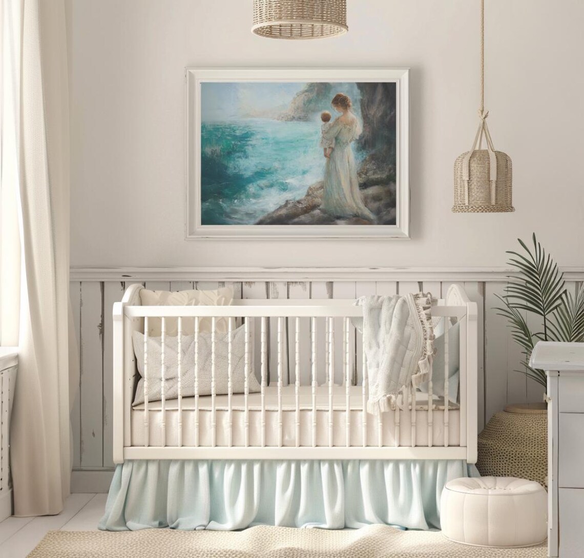 Mother and Child Standing on Rocky Beach by Turquoise Sea Poster - Image 3