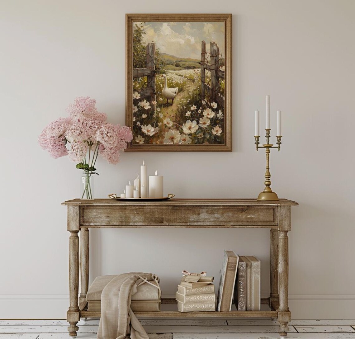 White Goose on a Flower Path by a Farmhouse Fence Art Poster - Image 3