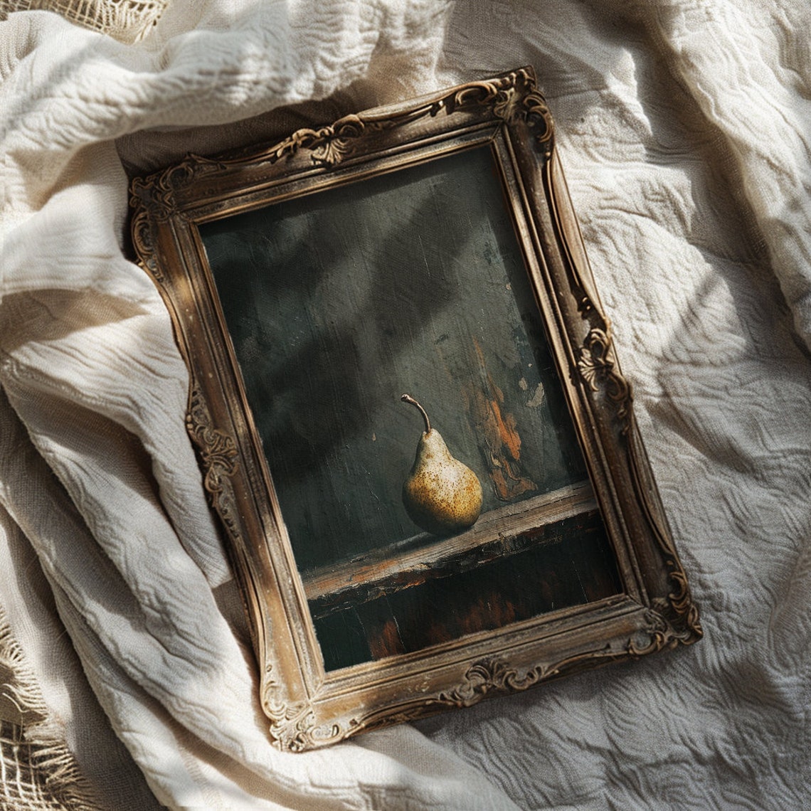 Single Speckled Pear on a Wooden Shelf Dark Moody Still Life Poster - Image 2