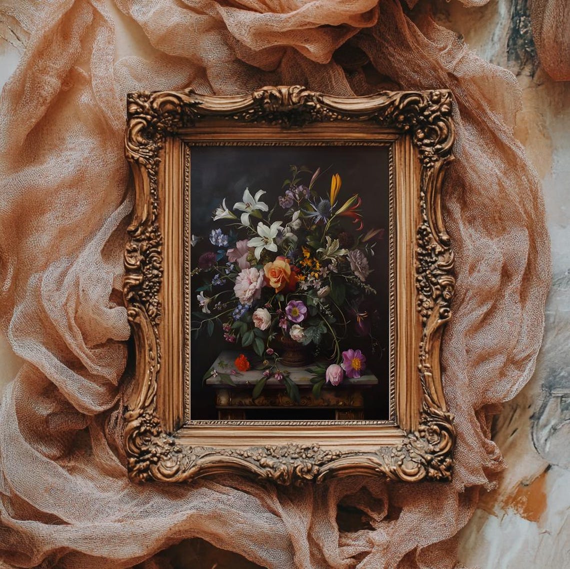 Dutch Masters Style Floral Bouquet With Lilies Dark Moody Poster - Image 4