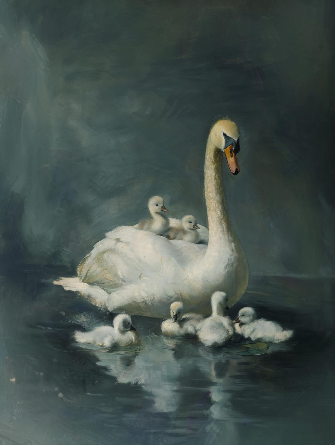 Mother Swan and Cygnets on Dark Water Vintage Nursery Poster - Image 2