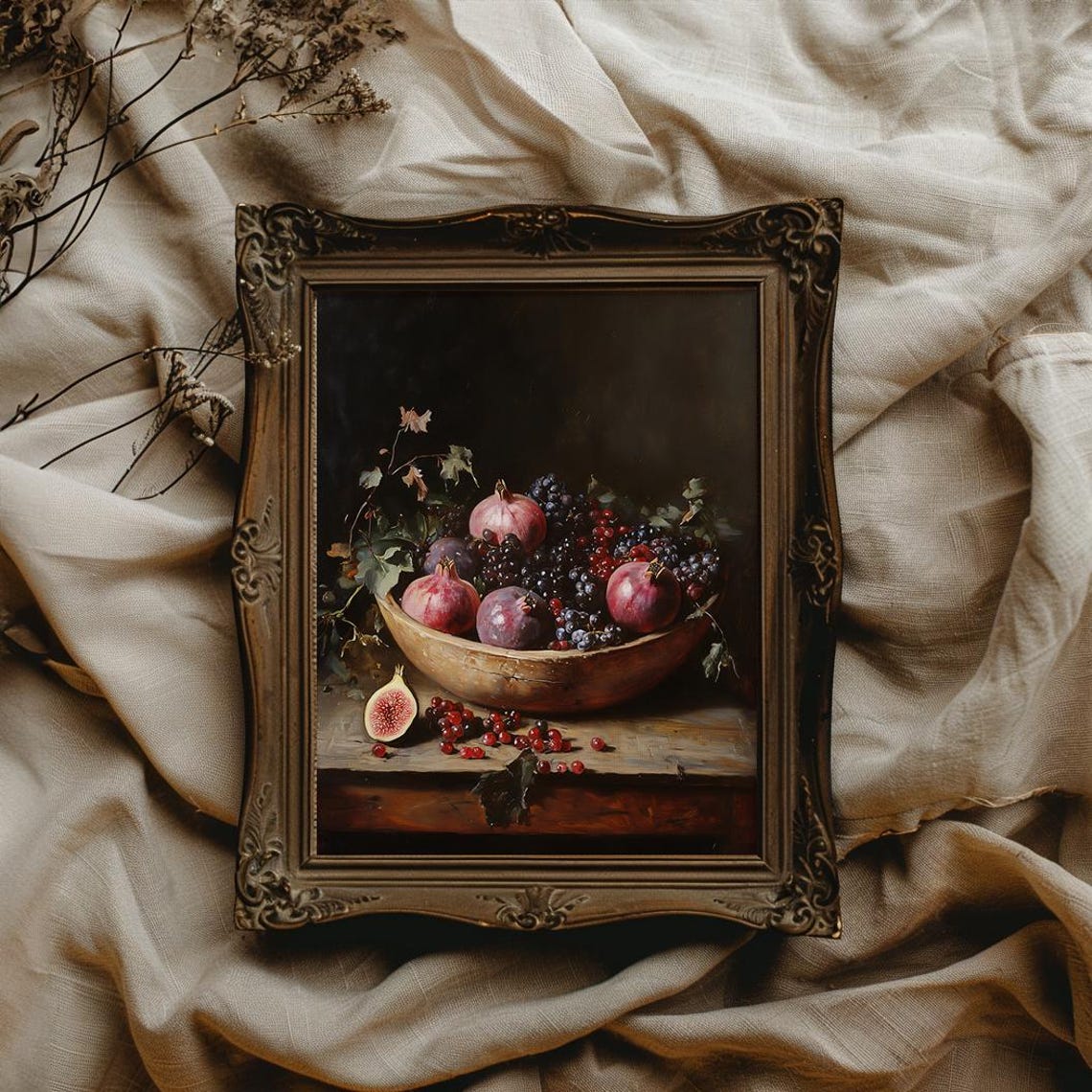 Dark Academia Kitchen Wall Art Vintage Pomegranate Dark Cottagecore Kitchen Decor Moody Wall Art Dark Fruit Painting Pomegranate - Image 4