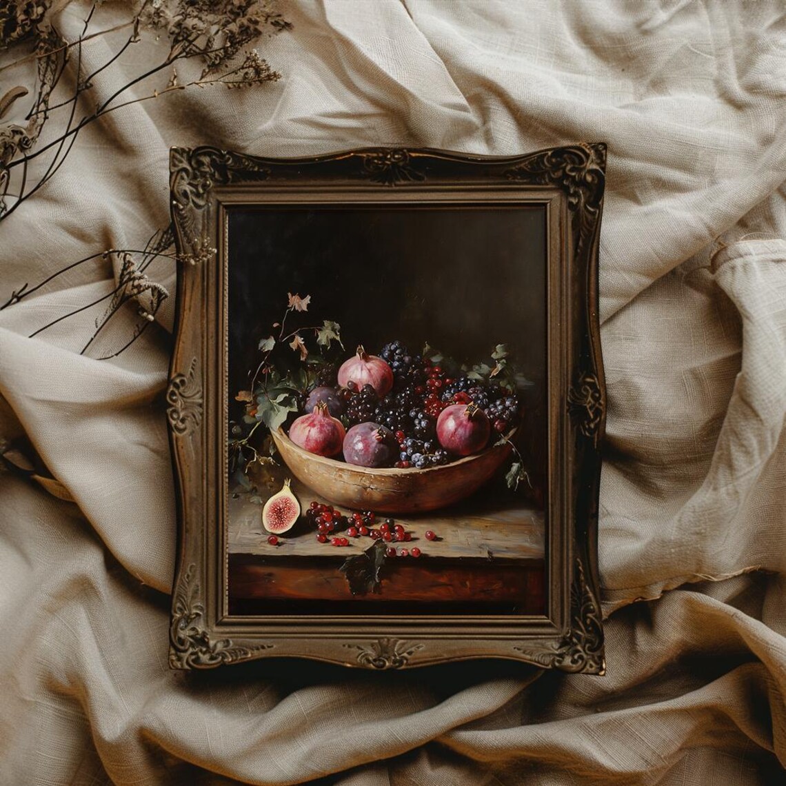 Wooden Bowl of Pomegranates Grapes and Figs Moody Still Life Poster - Image 4