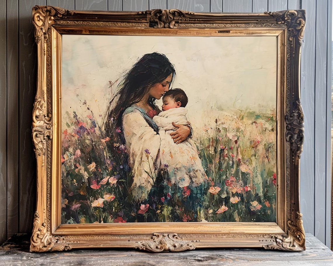Mother Kissing Her Newborn in a Wildflower Meadow Art Poster - Image 3