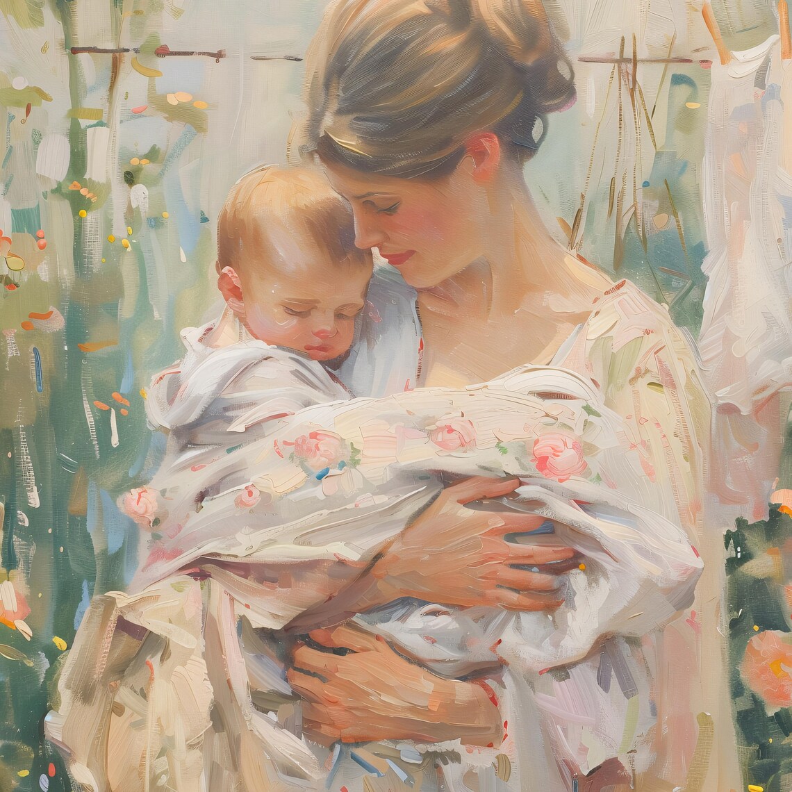Mother Embracing Baby In Blooming Garden Vintage Nursery Poster - Image 2