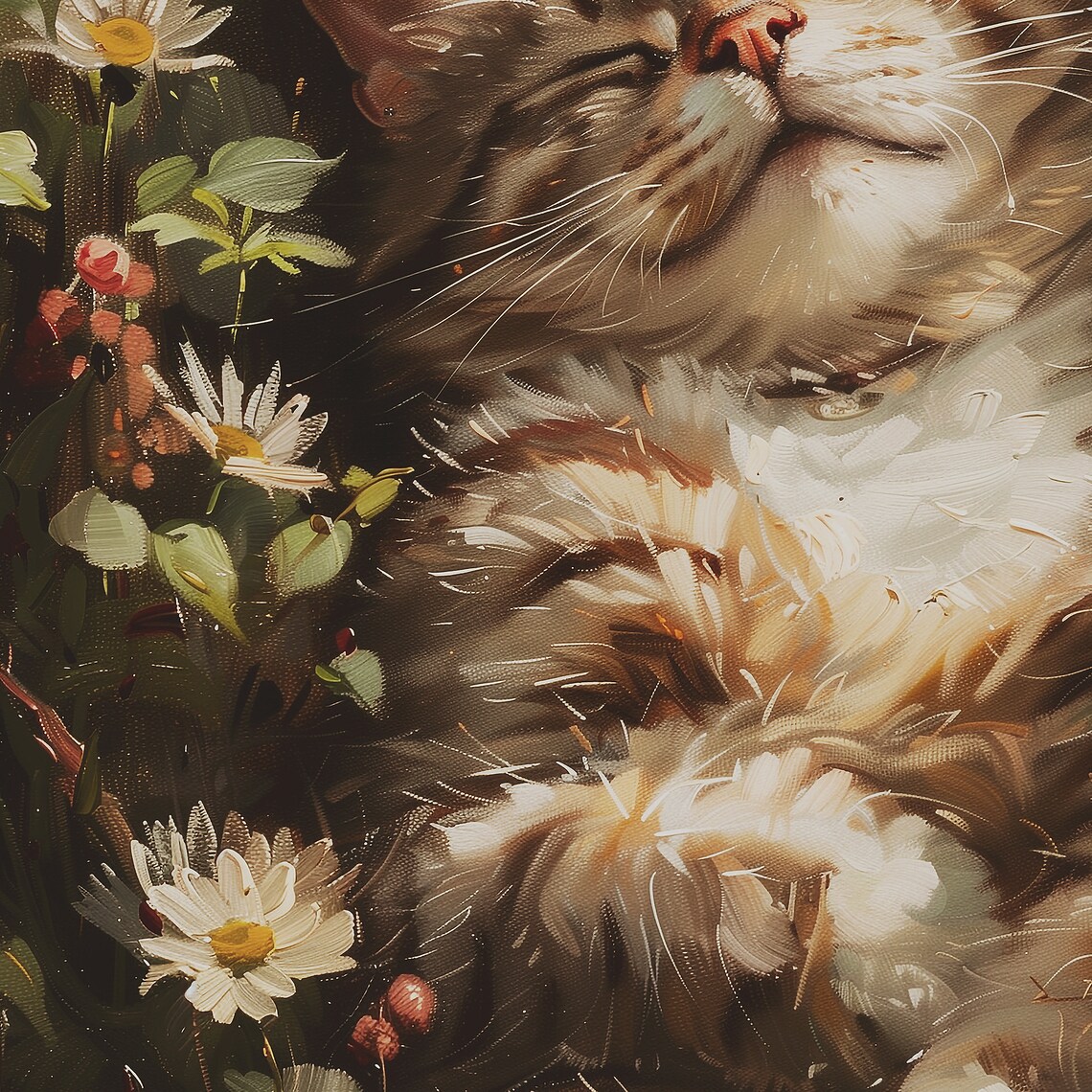 Sleeping Tabby Cat Among Daisies in a Sunlit Garden Oil Painting Poster - Image 2