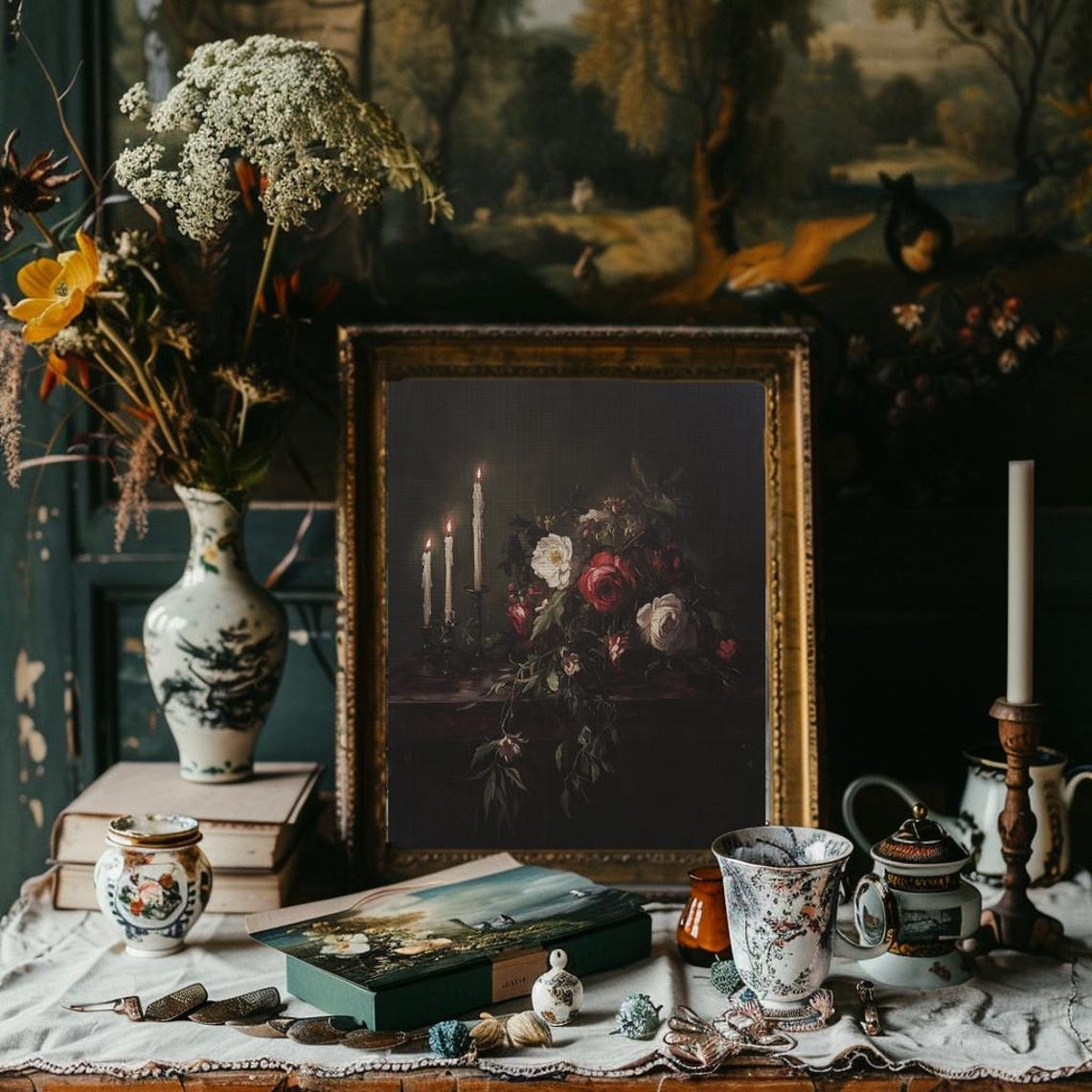 Three Lit Candles with Red and White Roses Dark Still Life Poster - Image 2