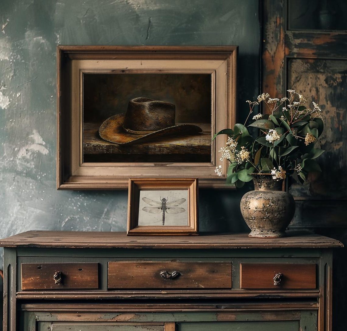 Worn Leather Cowboy Hat On Wooden Table Dark Rustic Style Poster - Image 2