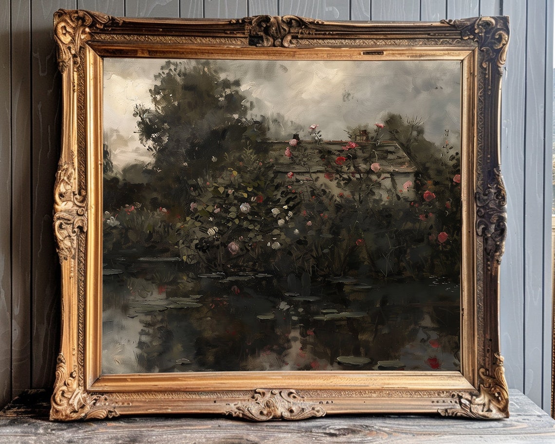Moody Dark Cottage Garden with Roses beside a Still Pond Poster - Image 2