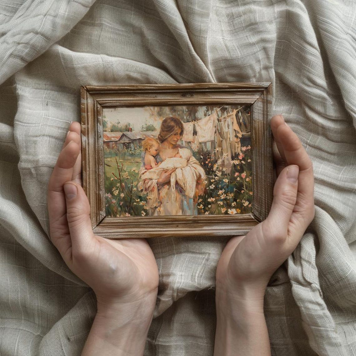 Mother Holding Two Children by a Homestead Clothesline Poster - Image 3