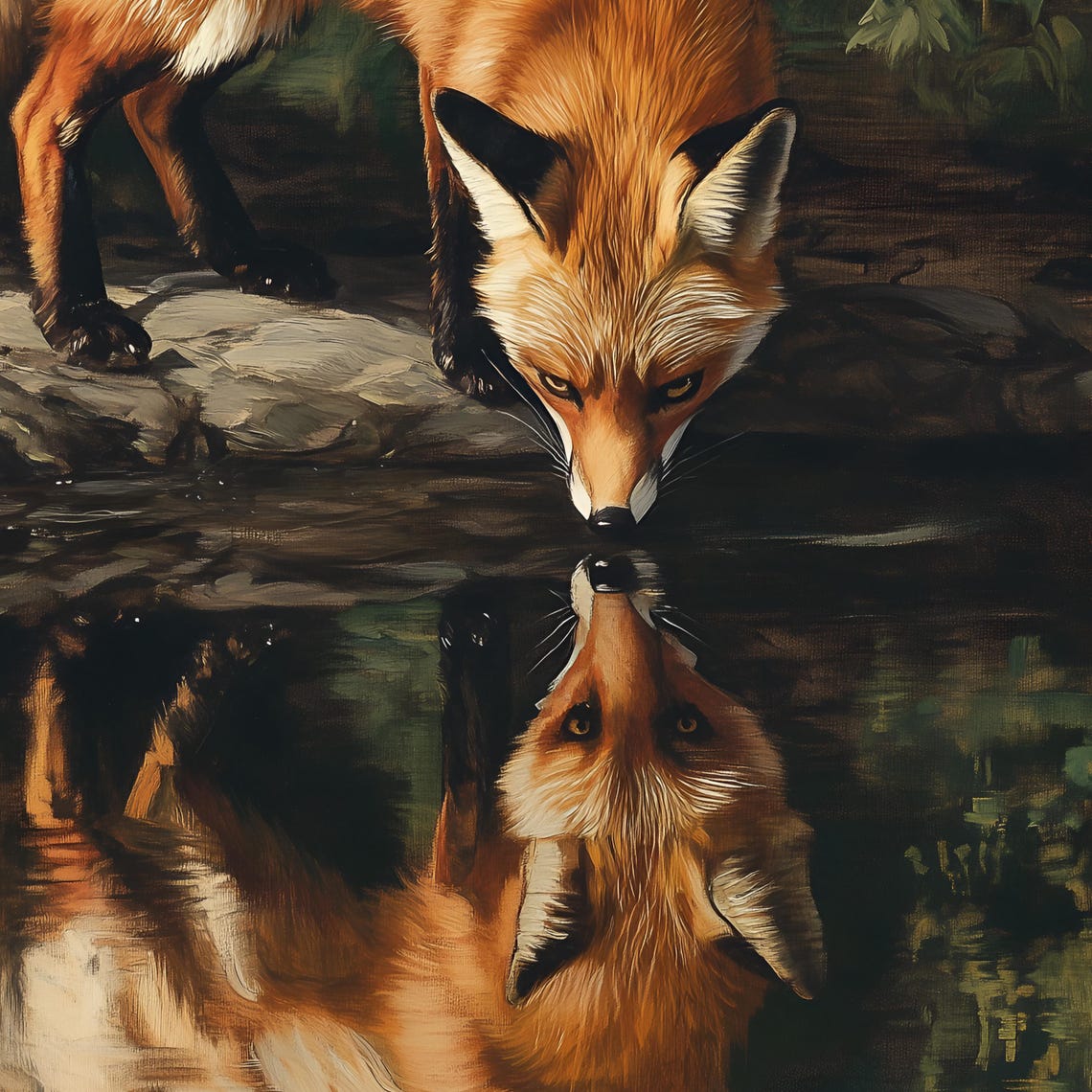 Red Fox Drinking At Forest Stream Its Reflection Realistic Poster - Image 2