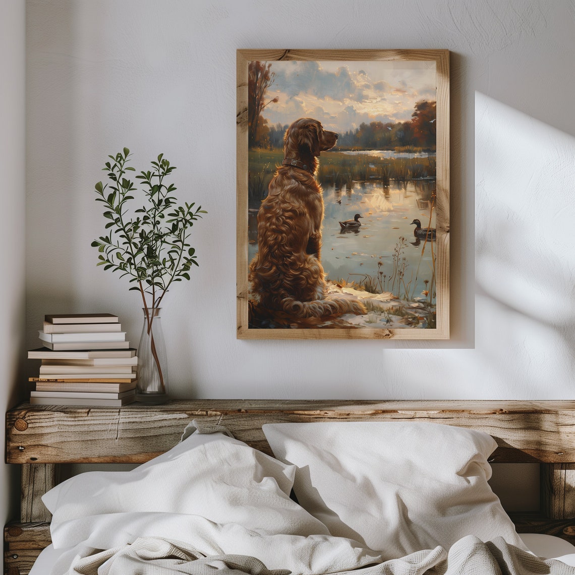 Curly Coated Hunting Dog Watching Ducks at a Sunset Pond Poster - Image 2
