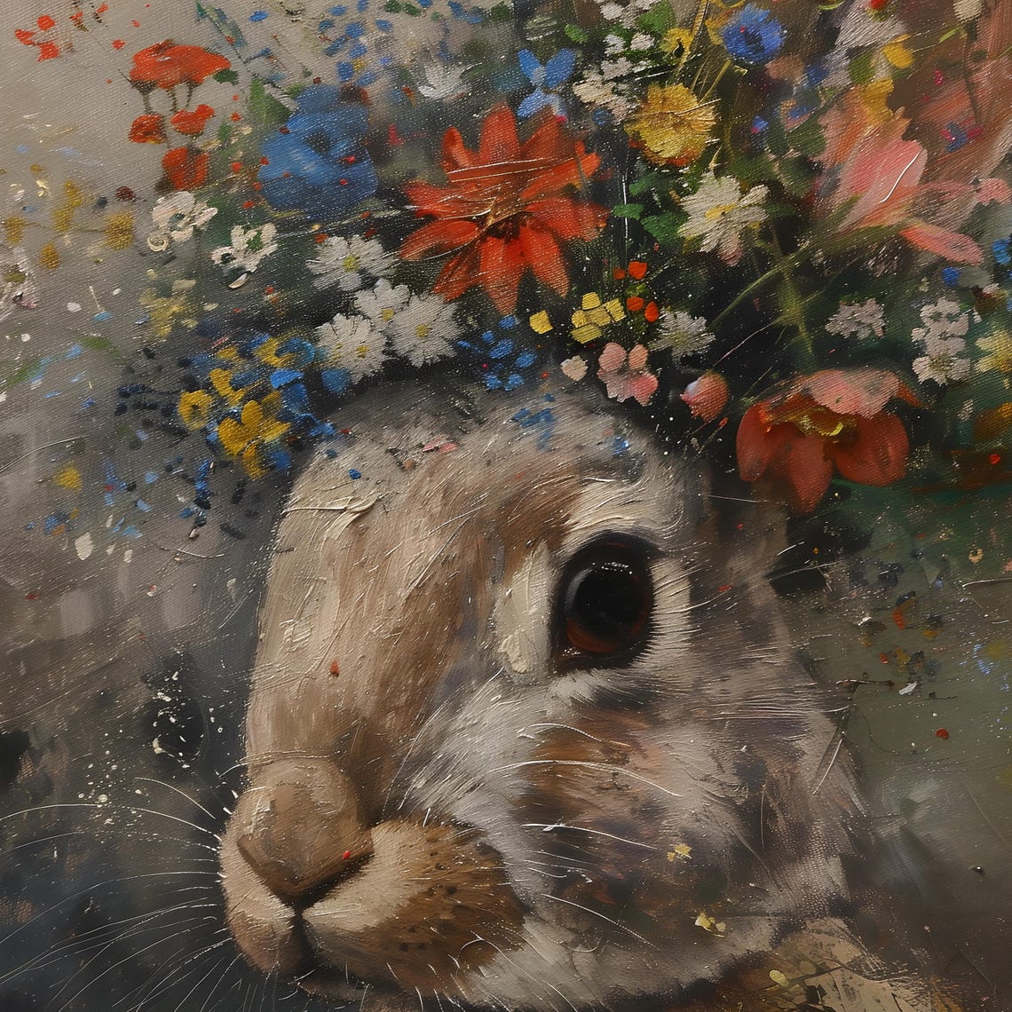 Rabbit Portrait Wearing Wildflower Crown Vintage Bunny Art Poster - Image 2