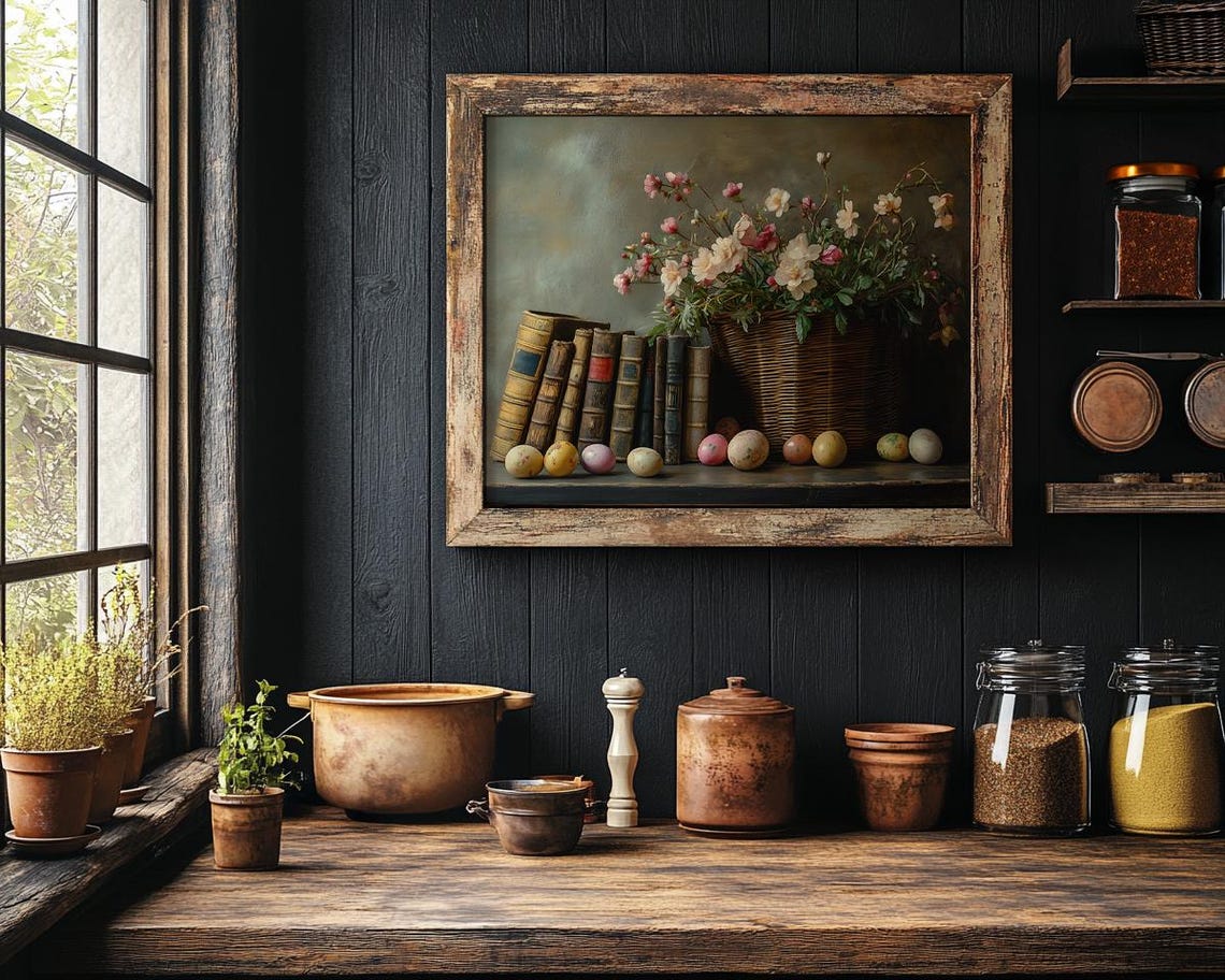 Painted Easter Eggs with Vintage Books and Spring Flower Basket Poster - Image 3