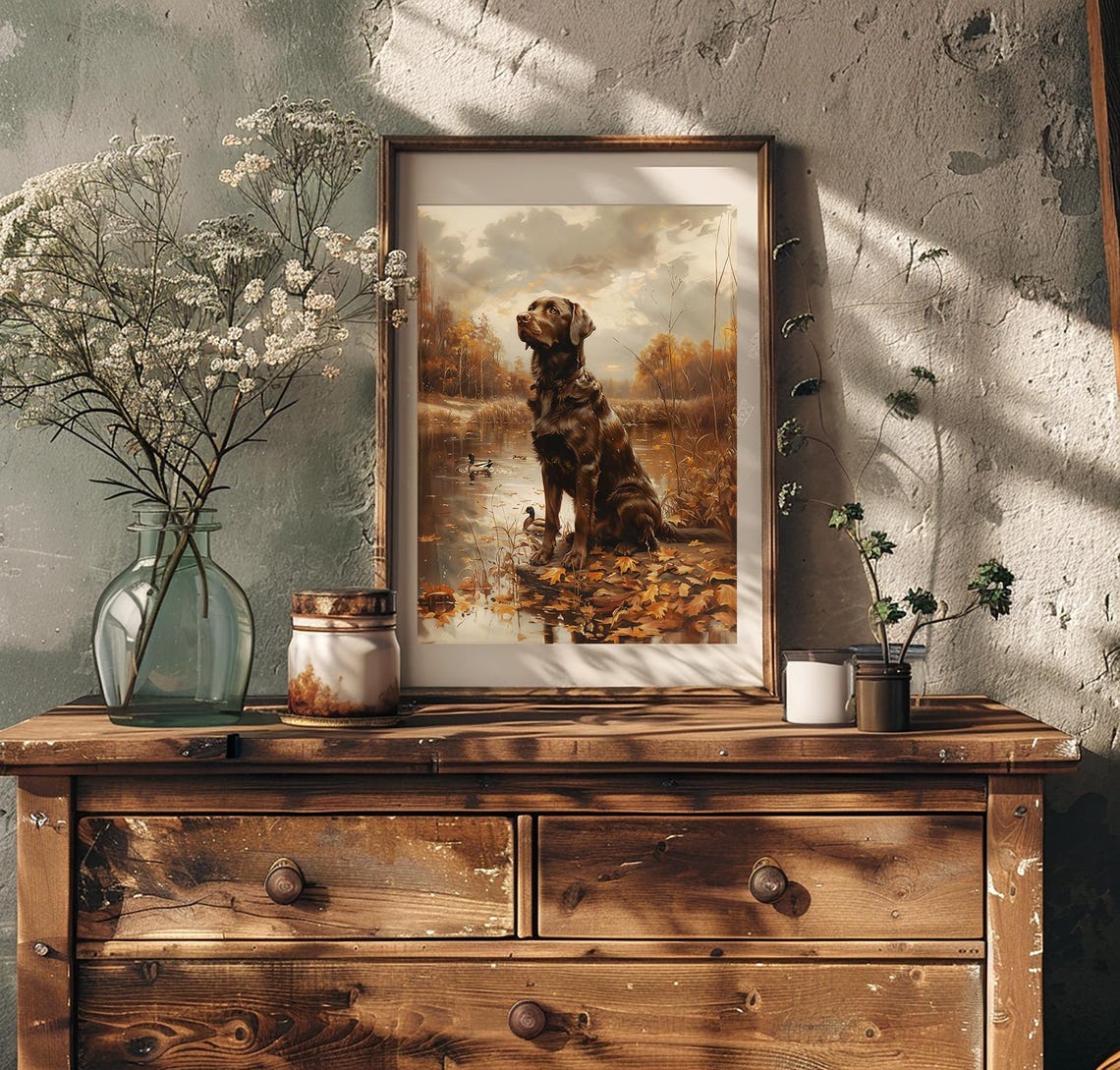Chocolate Labrador Sitting by an Autumn Pond with Ducks Poster - Image 3