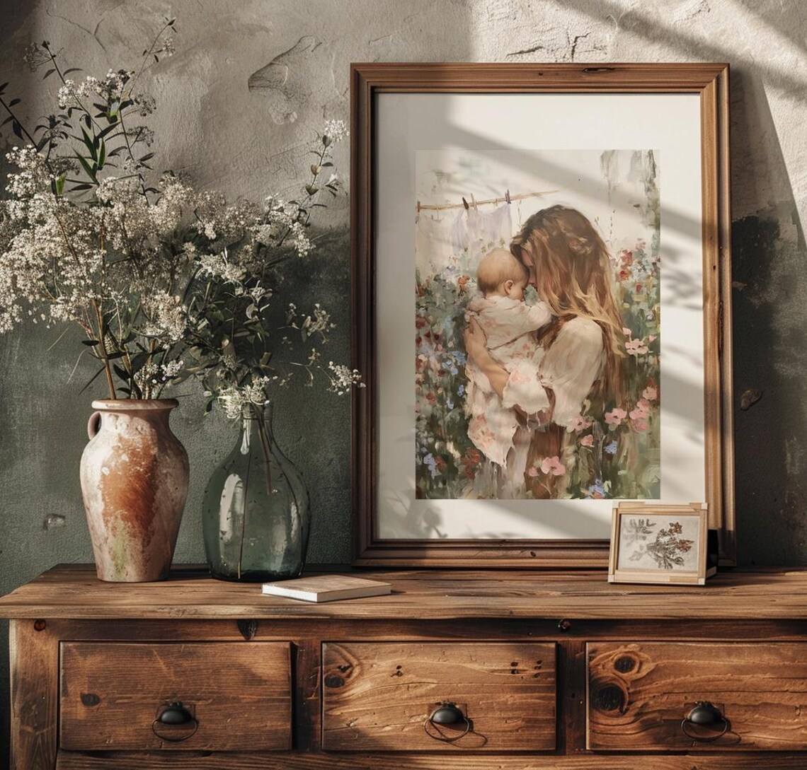 Mother Holding Her Baby in a Blooming Cottage Flower Garden Poster - Image 3