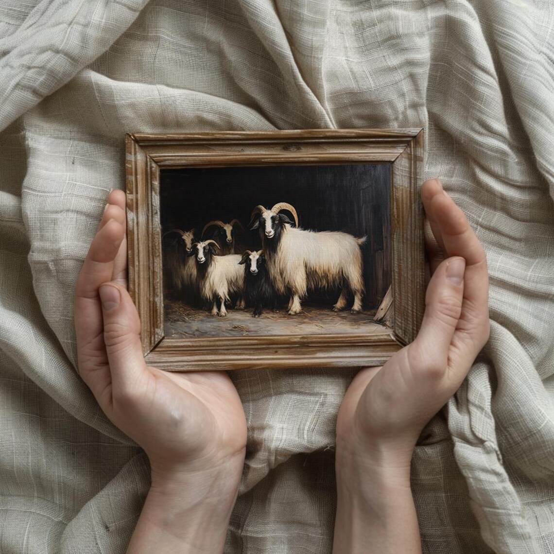 Goats Gathered Inside a Dark Barn Vintage Farm Animal Painting Poster - Image 3