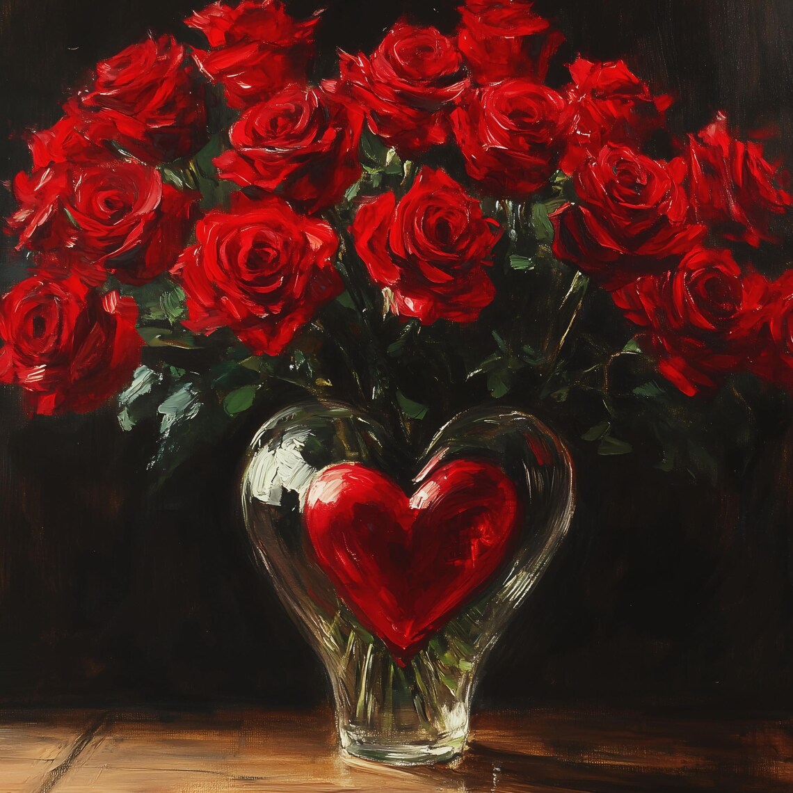 Red Roses in Heart Shaped Glass Vase Valentines Floral Poster - Image 2