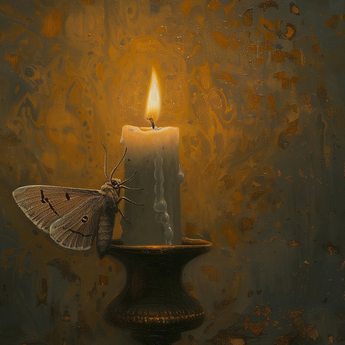 Moth To a Flame Dark Candlelit Oil Painting Still Life Poster - Image 2