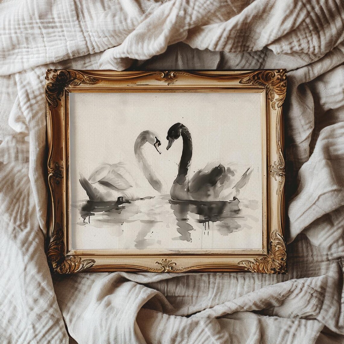 Black and White Swan Couple in Ink Watercolor Love Art Poster - Image 2