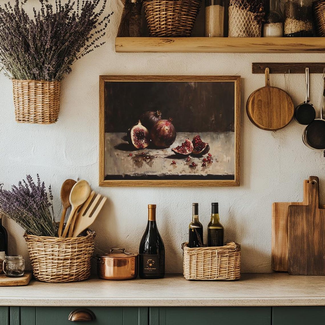 Moody Pomegranate And Fig Still Life In Dark Kitchen Wall Art - Image 3