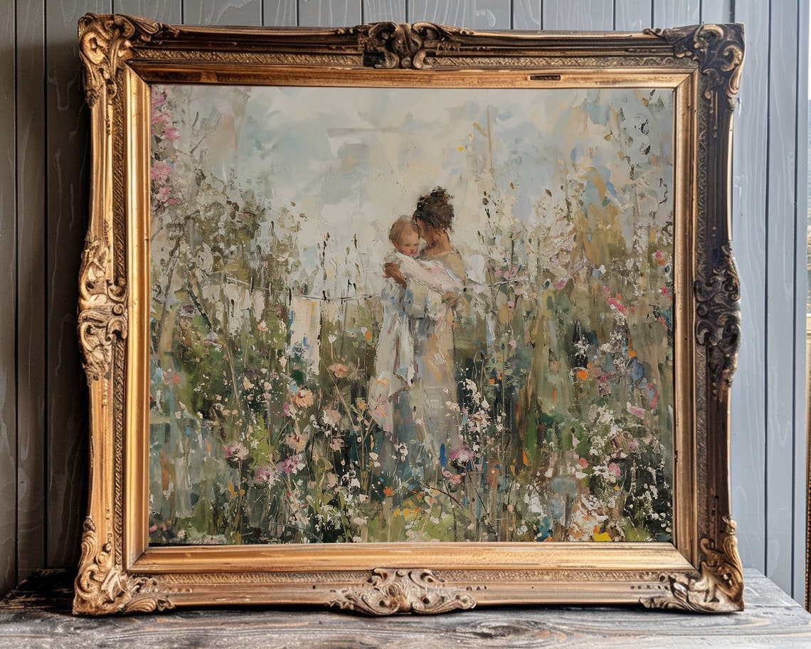 Mother and Child in a Soft Wildflower Meadow Impressionist Poster