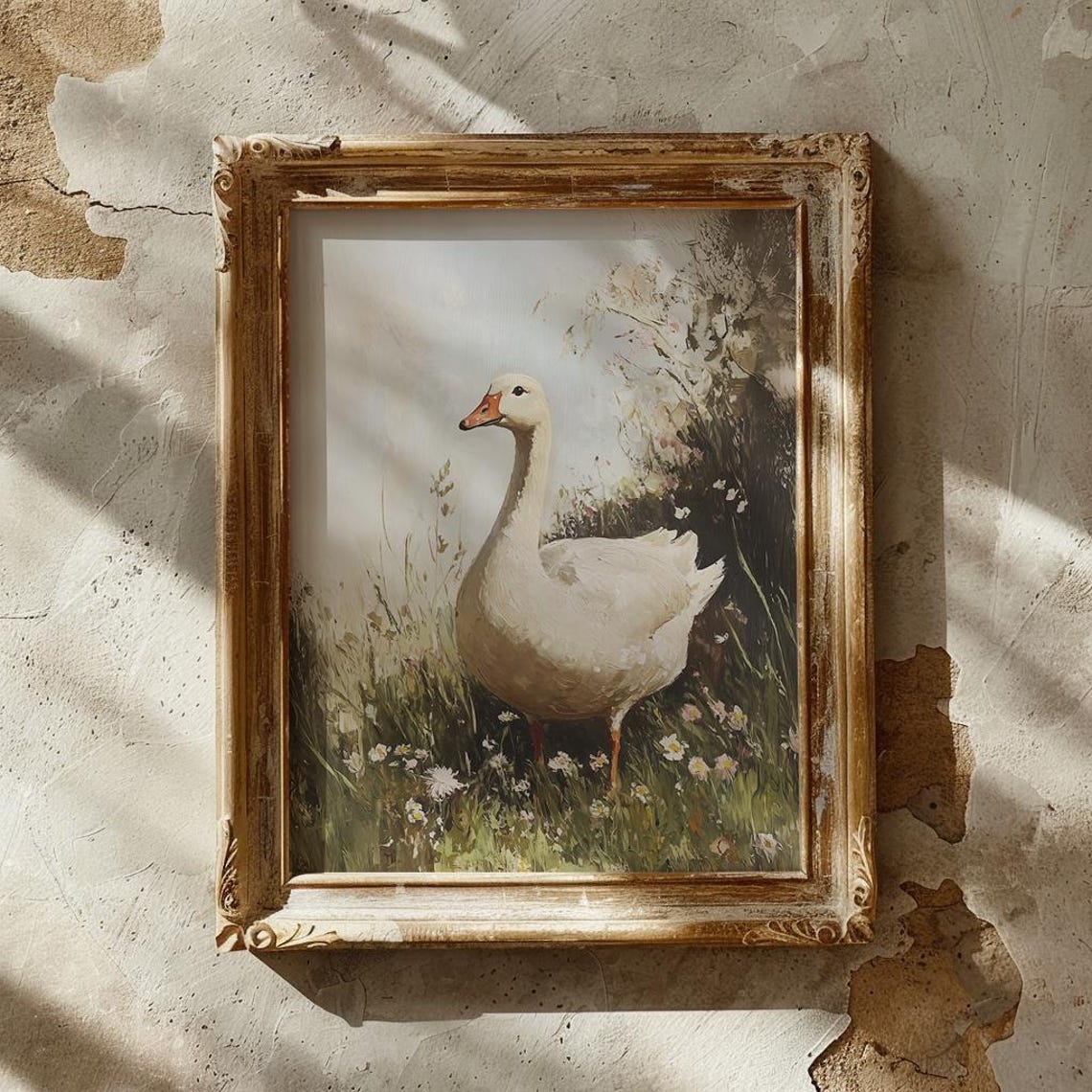 White Goose Standing Among Wildflowers Vintage Painting Poster - Image 2