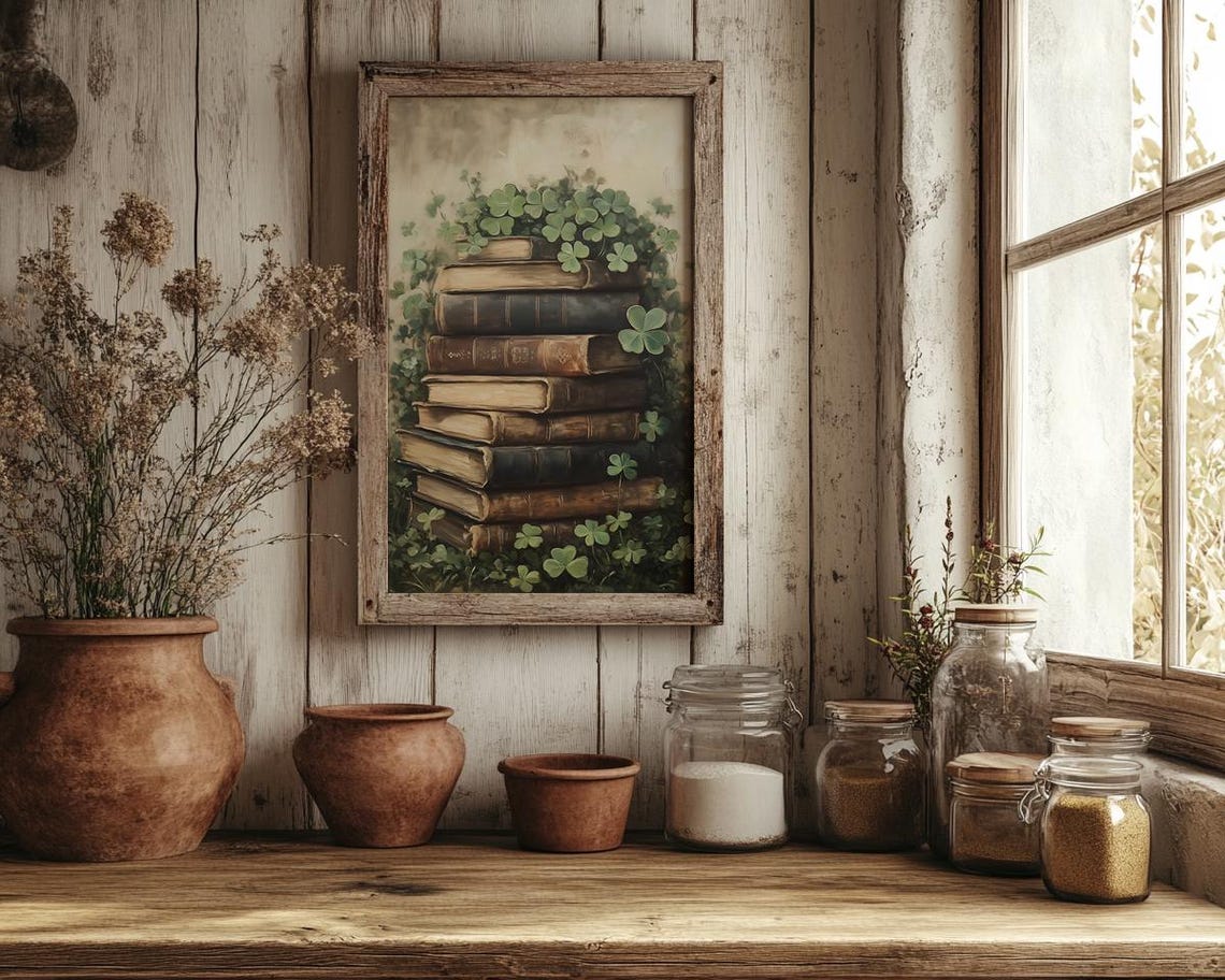 Shamrock Clover Nestled Around a Stack of Vintage Books Framed Poster - Image 3