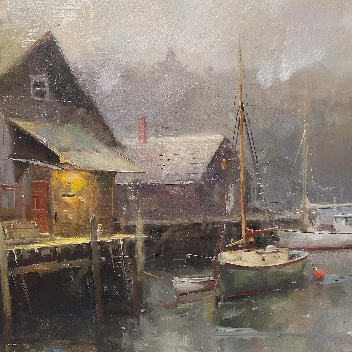 Fishing Village Harbor Docks Misty Coastal Vintage Painting Poster - Image 2