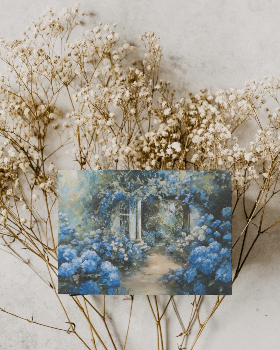 Blue Hydrangea Garden Path With Arched Doorway Impressionist Poster - Image 2