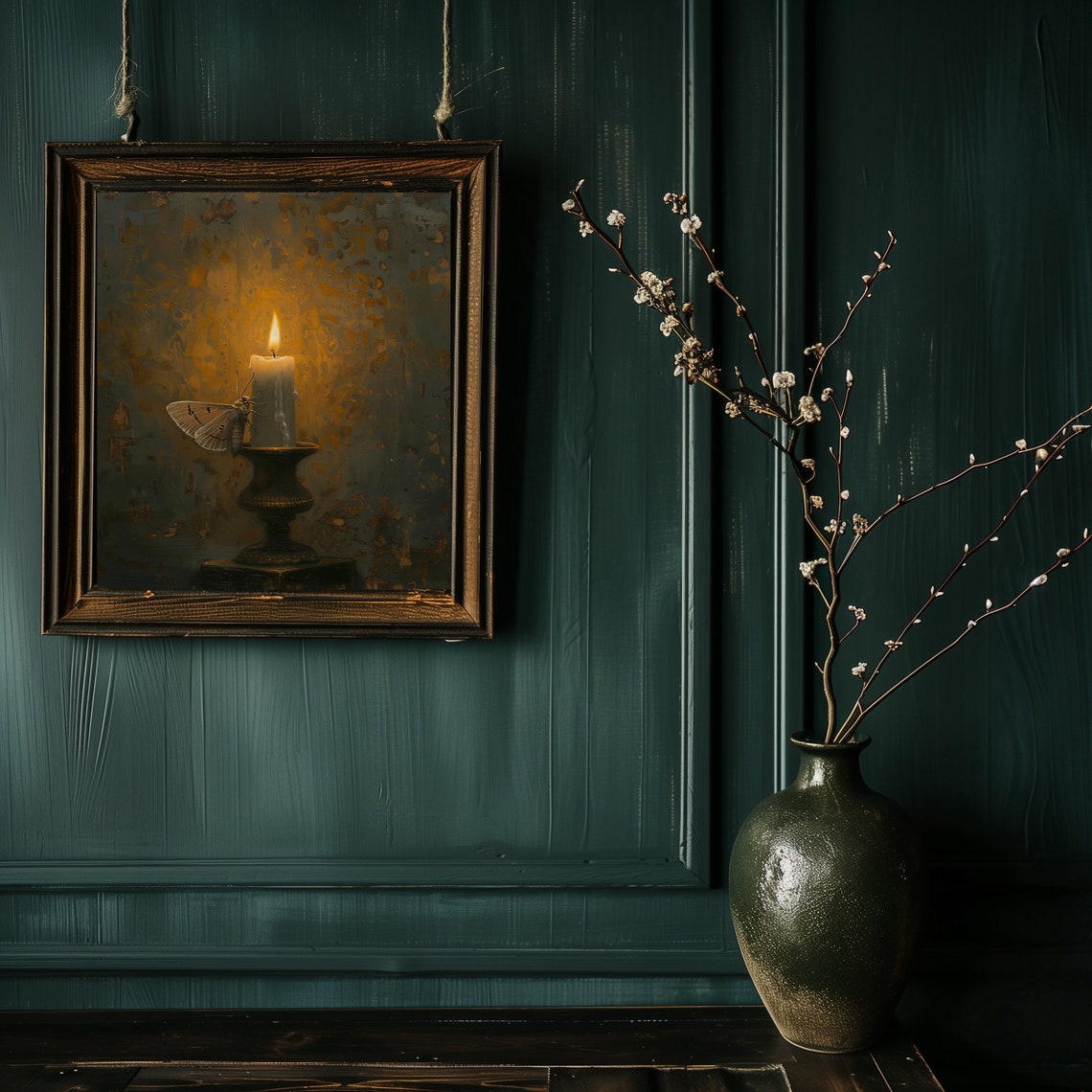 Moth To a Flame Dark Candlelit Oil Painting Still Life Poster - Image 3