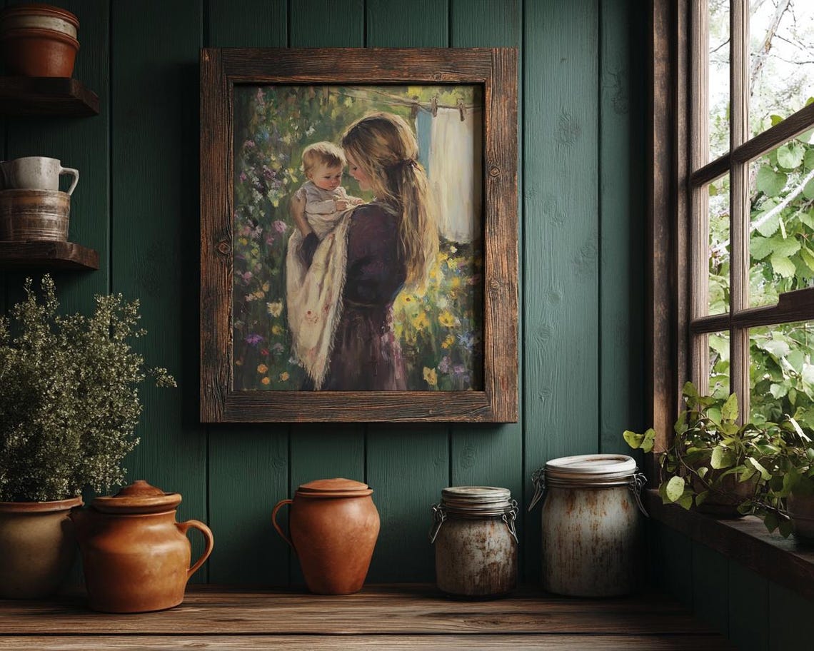 Mother Holding Baby Beside Garden Laundry Line Vintage Art Poster - Image 3