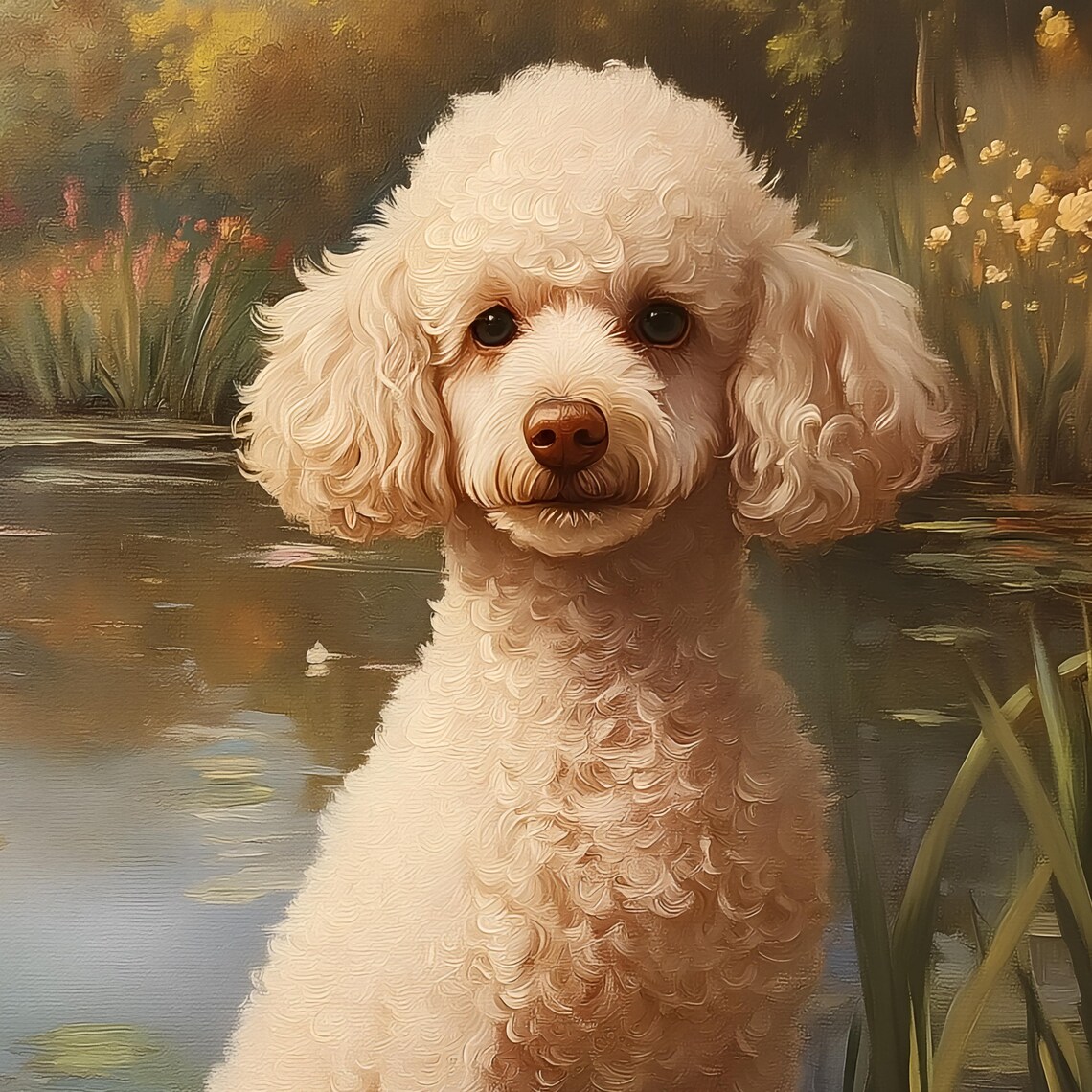 White Poodle Sitting by a Pond at Golden Hour Vintage Dog Poster - Image 2