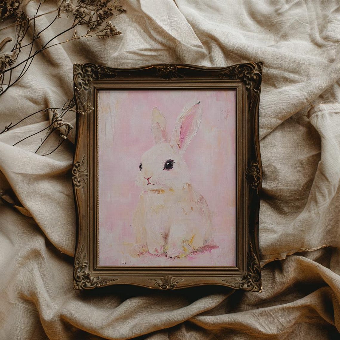 Sweet White Bunny On Pink Background Soft Pastel Art Wall Poster - Image 2