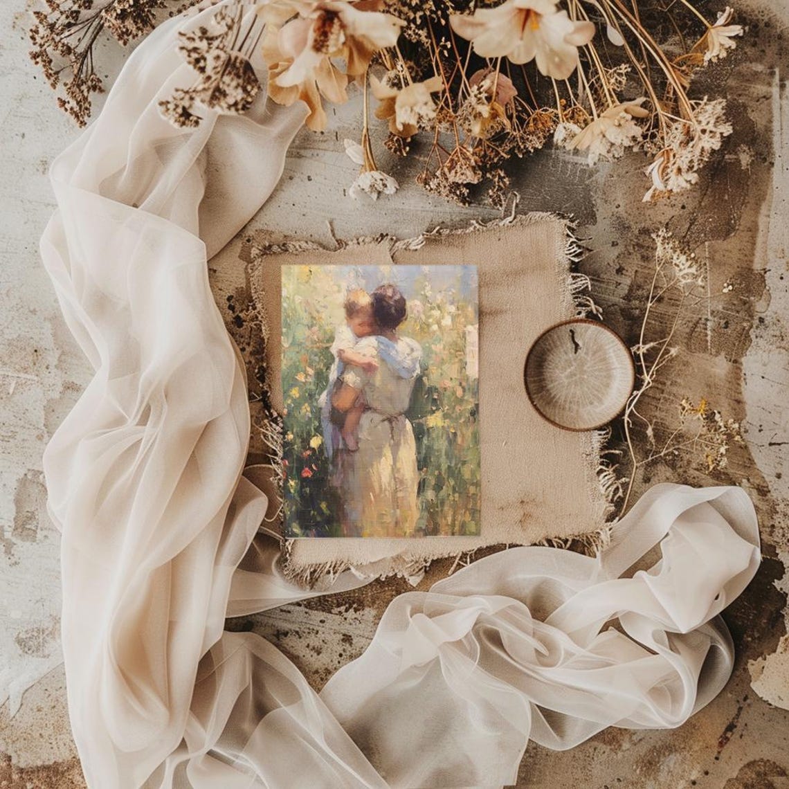Mother Carrying Child Through Sunlit Flower Garden Painting Poster - Image 3