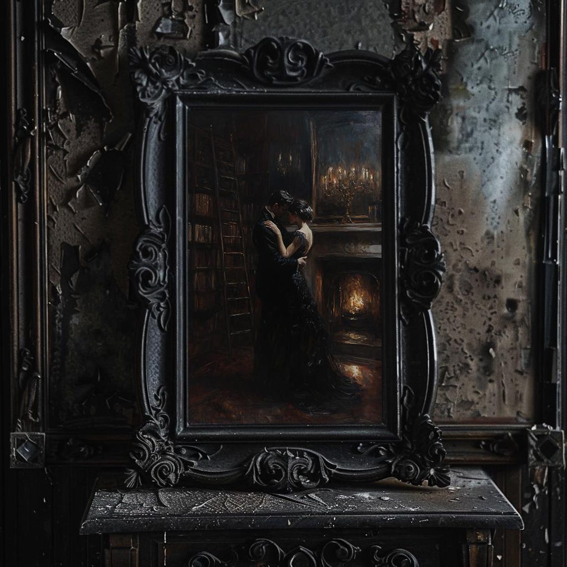 Romantic Couple Embracing in a Candlelit Library by Fireplace Poster - Image 2