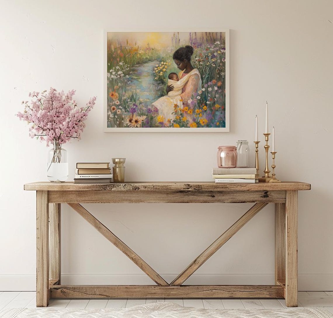 Mother and Baby by a Wildflower Stream in Vibrant Bloom Poster - Image 2