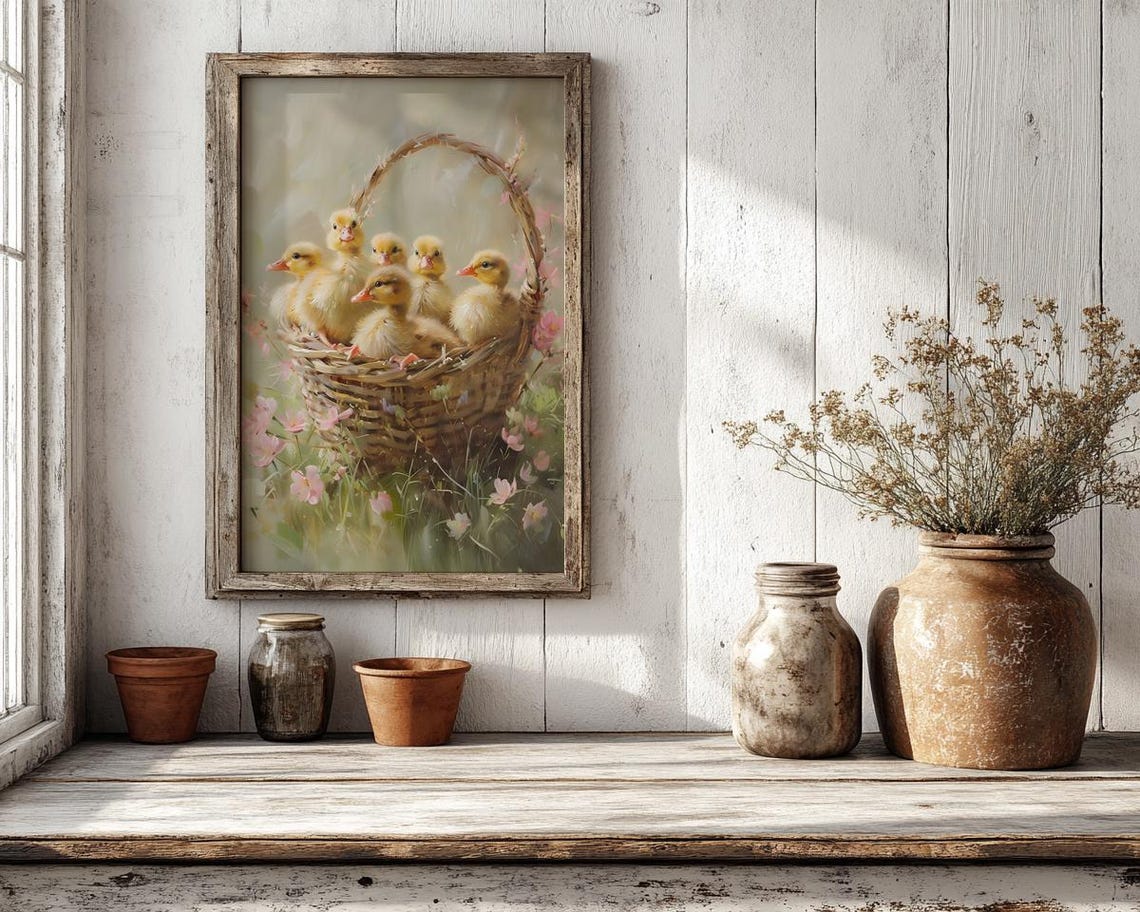 Five Ducklings in a Wicker Basket with Spring Flowers Poster - Image 4