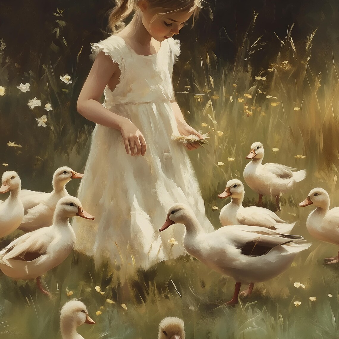 Little Girl Feeding White Ducks Meadow Vintage Style Farm Poster - Image 2
