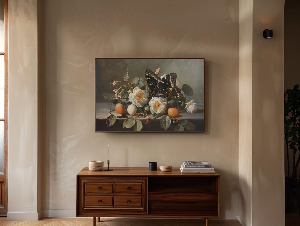 Dark Butterfly on White Roses Vintage Frame TV Still Life Print - Image 3