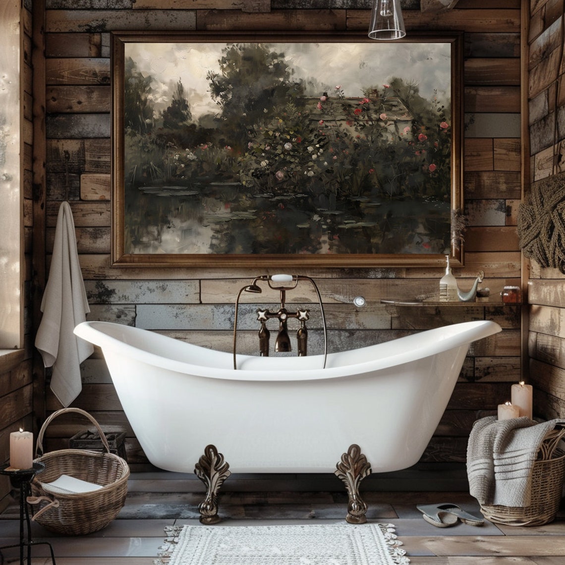 Moody Dark Cottage Garden with Roses beside a Still Pond Poster - Image 4
