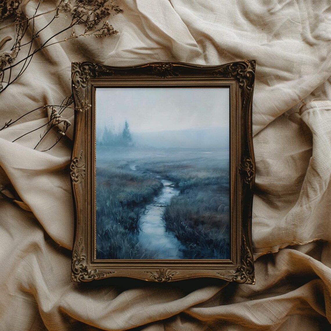 Misty Blue Marsh Stream At Dawn Serene Foggy Landscape Print - Image 3