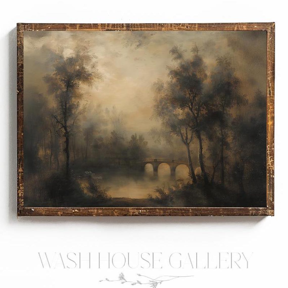 Moody Stone Bridge Over Misty Water Dark Academia Landscape Poster - Image 3
