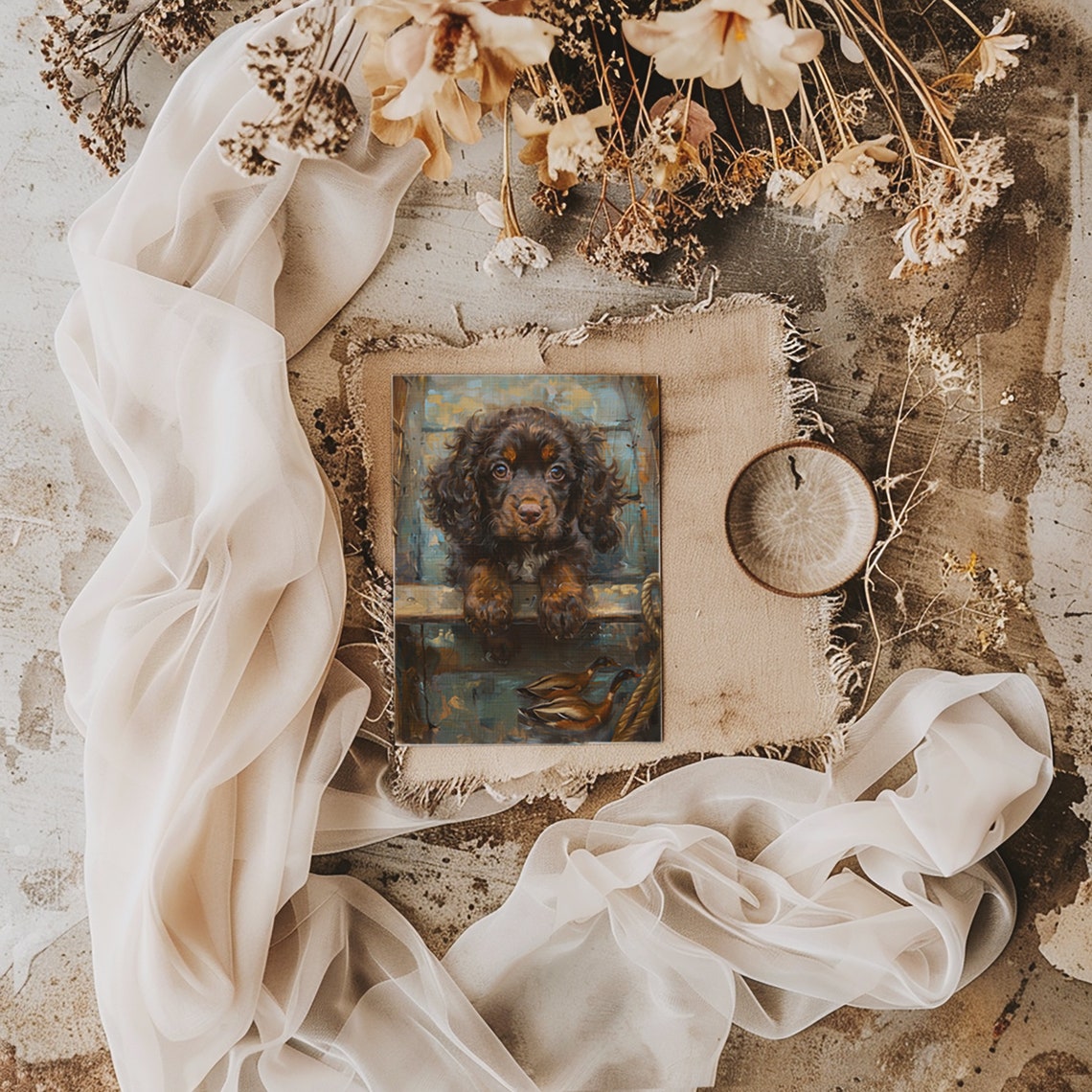 Boykin Spaniel Puppy Peering Over a Boat with Two Ducks Poster - Image 2
