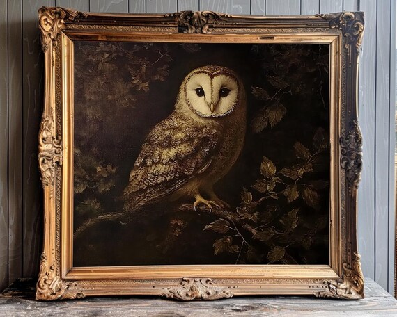 Barn Owl Perched On Night Branch Dark Moody Painting Wall Poster