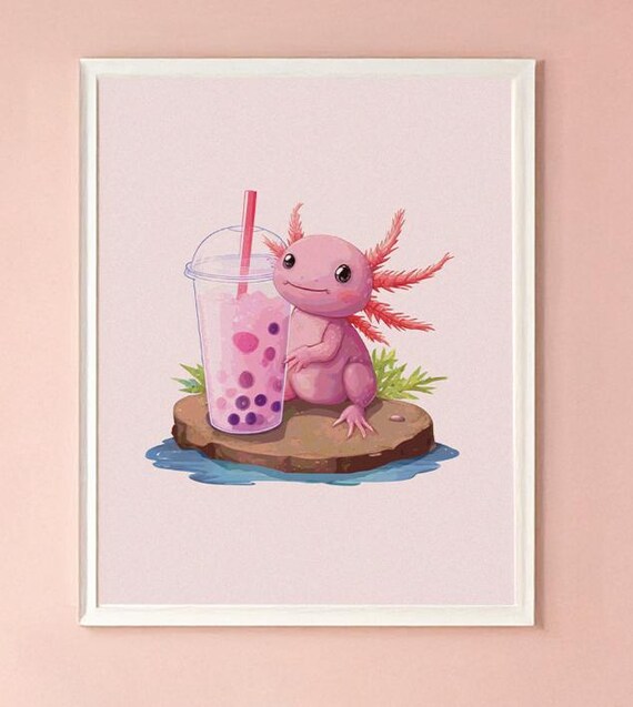 Axolotl Art Print Cute Kawaii Art Print Axolotl Wall Art Axolotl Art Whimsical Art Axolotl Bubble Tea Art Print 021