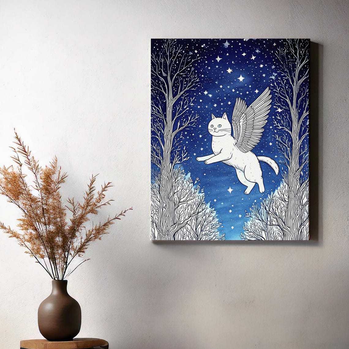 White Winged Cat Flying Through Starry Night Forest Fantasy Art Poster - Image 2