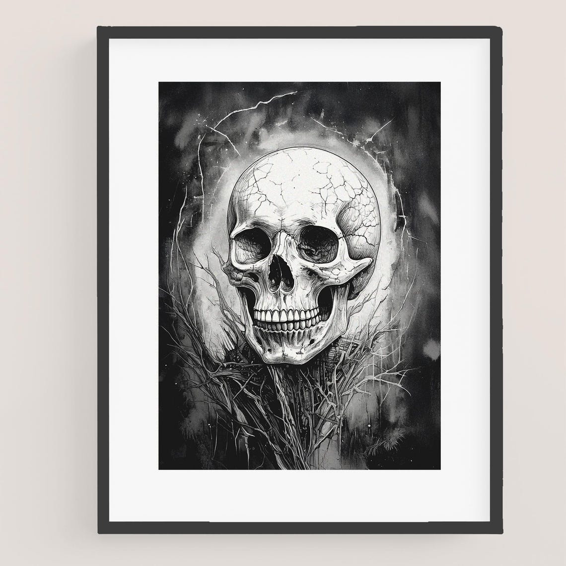 Monochrome Cracked Skull Among Dark Thorny Branches Gothic Poster - Image 3