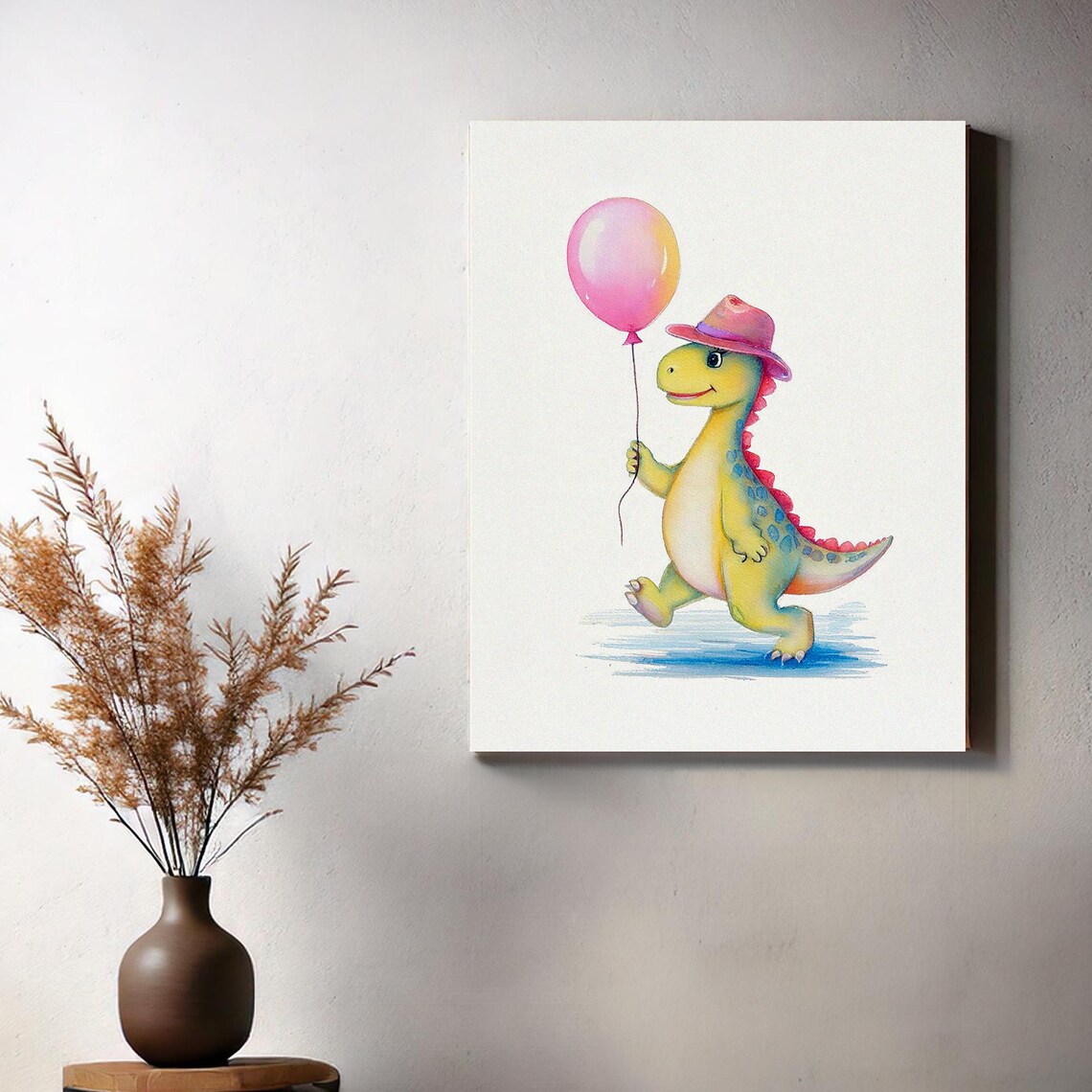 Cute Baby Dinosaur in Pink Hat with Balloon Nursery Watercolor Poster - Image 3