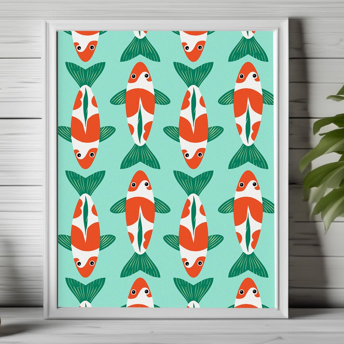 Koi Fish Pattern Modern Fish Art Coastal Decor Minimal Fish Print Ocean Inspired Art Retro Fish Print Koi Wall Art Green Koi Fish 108